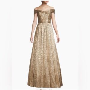 Aidan Mattox Metallic Off the Shoulder Gown— gold
